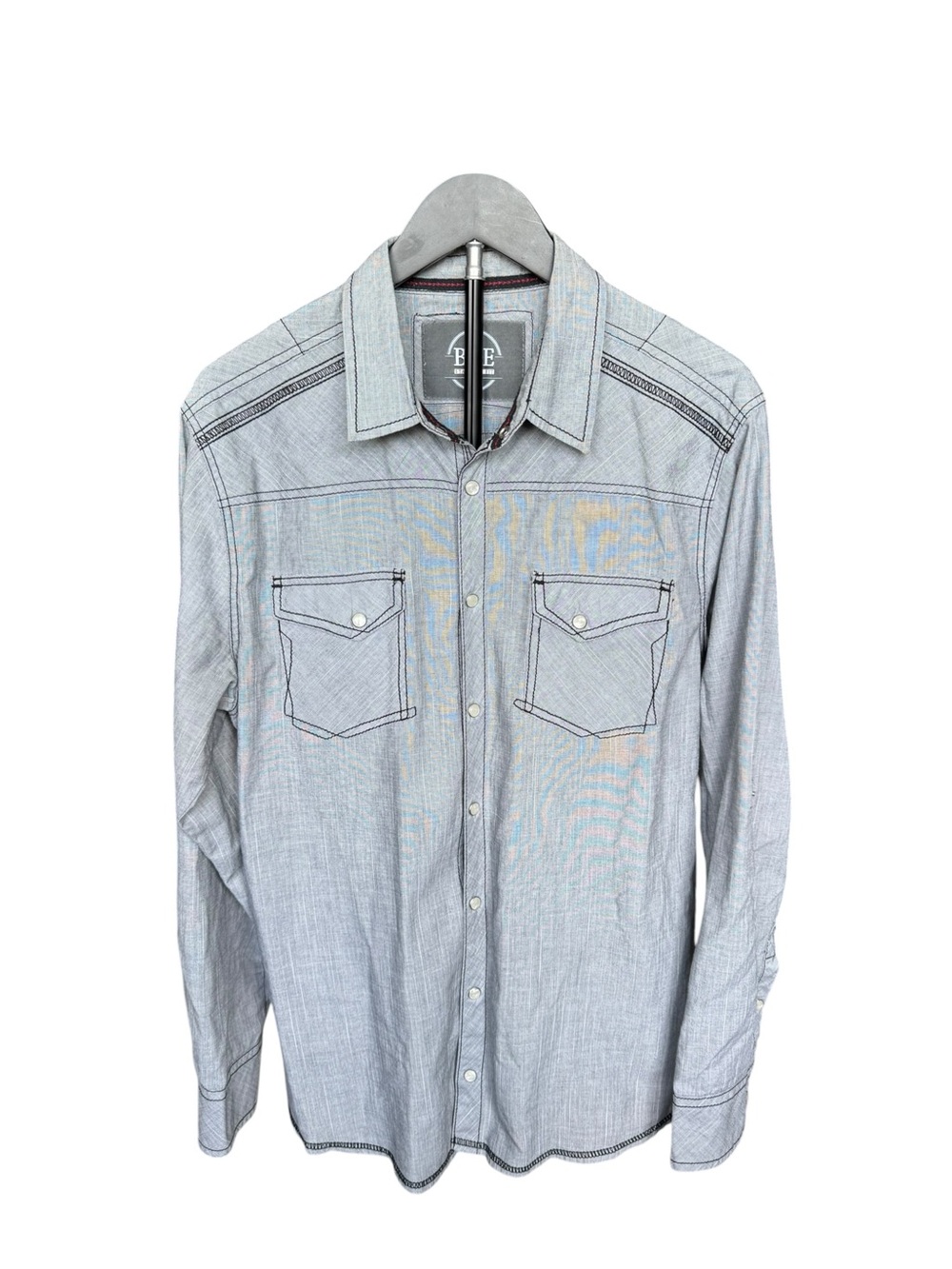 BKE Men’s L Gray Western Pearl Snap Shirt Contrast Stitch Cowboy Rodeo